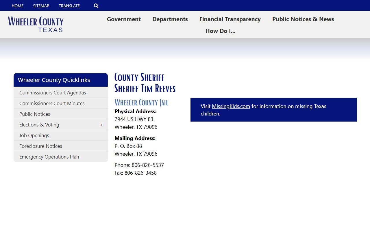 Wheeler County Jail sheriff page with facility address and phone information